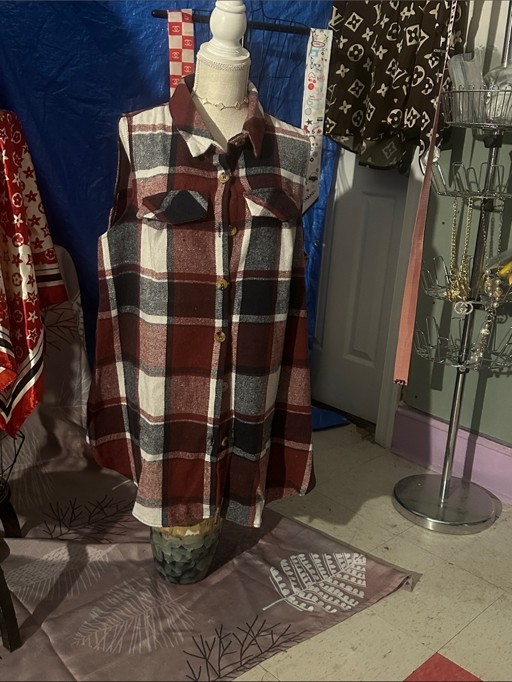 Sleeveless Plaid Button-Up Shirt Jacket - Burgundy/Black/White